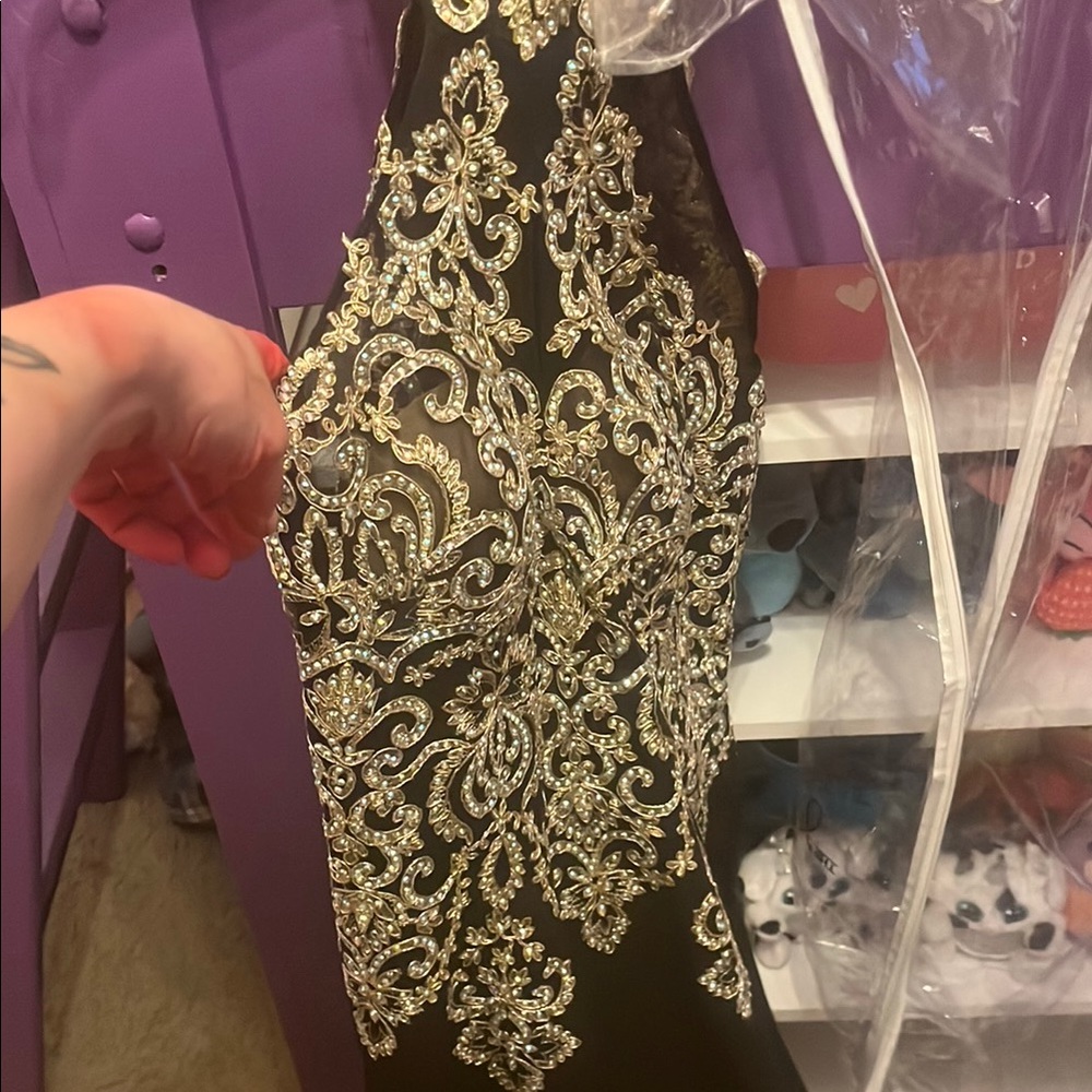 JVN by Jovani Black and Gold Sheath Halter Dress